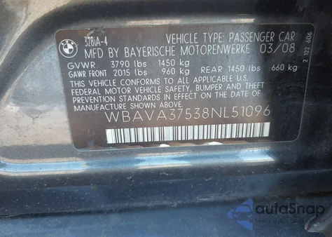 2008 BMW 328I из США, поврежденный, VIN WBAVA37538NL51096